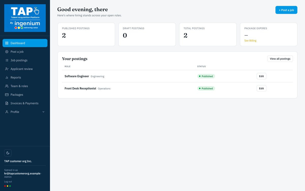 TAP applicant tracking system dashboard showing published job postings at a glance